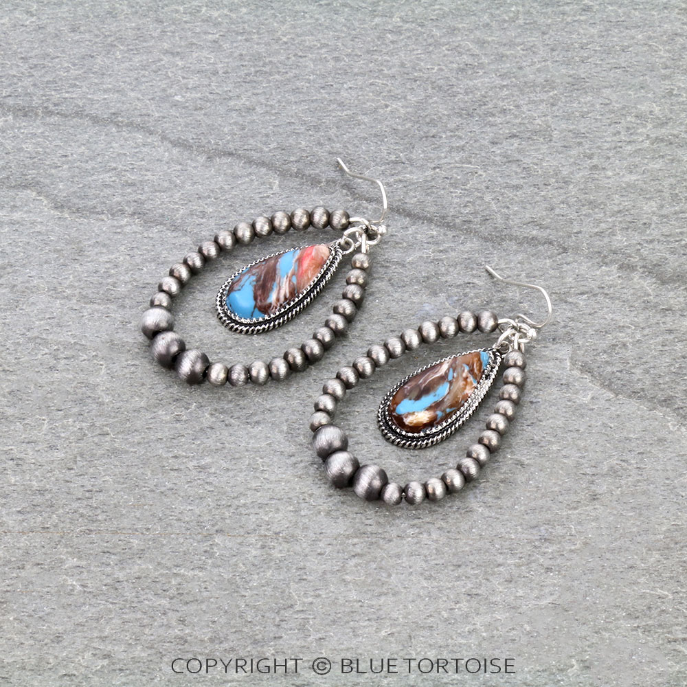 Navajo Style Pearl with Teardrop Stone Dangle Earrings