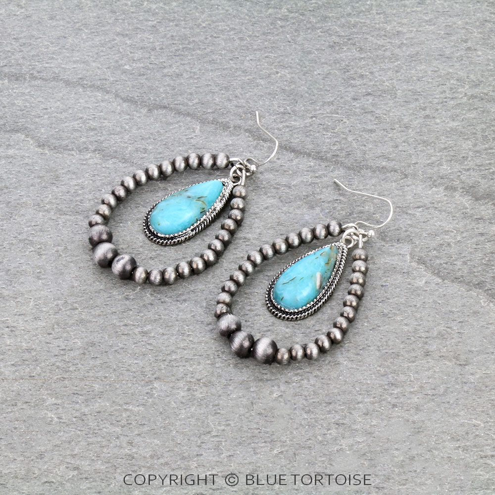 Navajo Style Pearl with Teardrop Stone Dangle Earrings