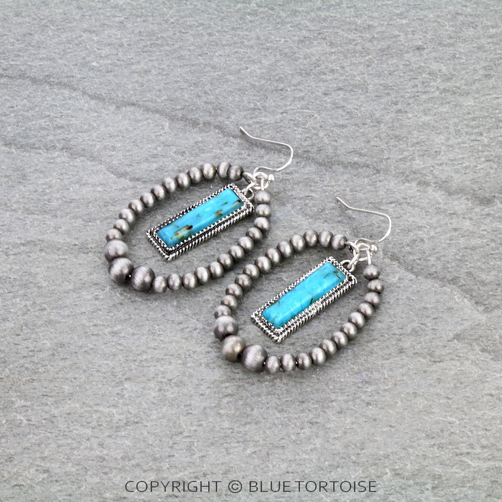 Navajo Style Pearl with Rectangle Stone Dangle Earrings