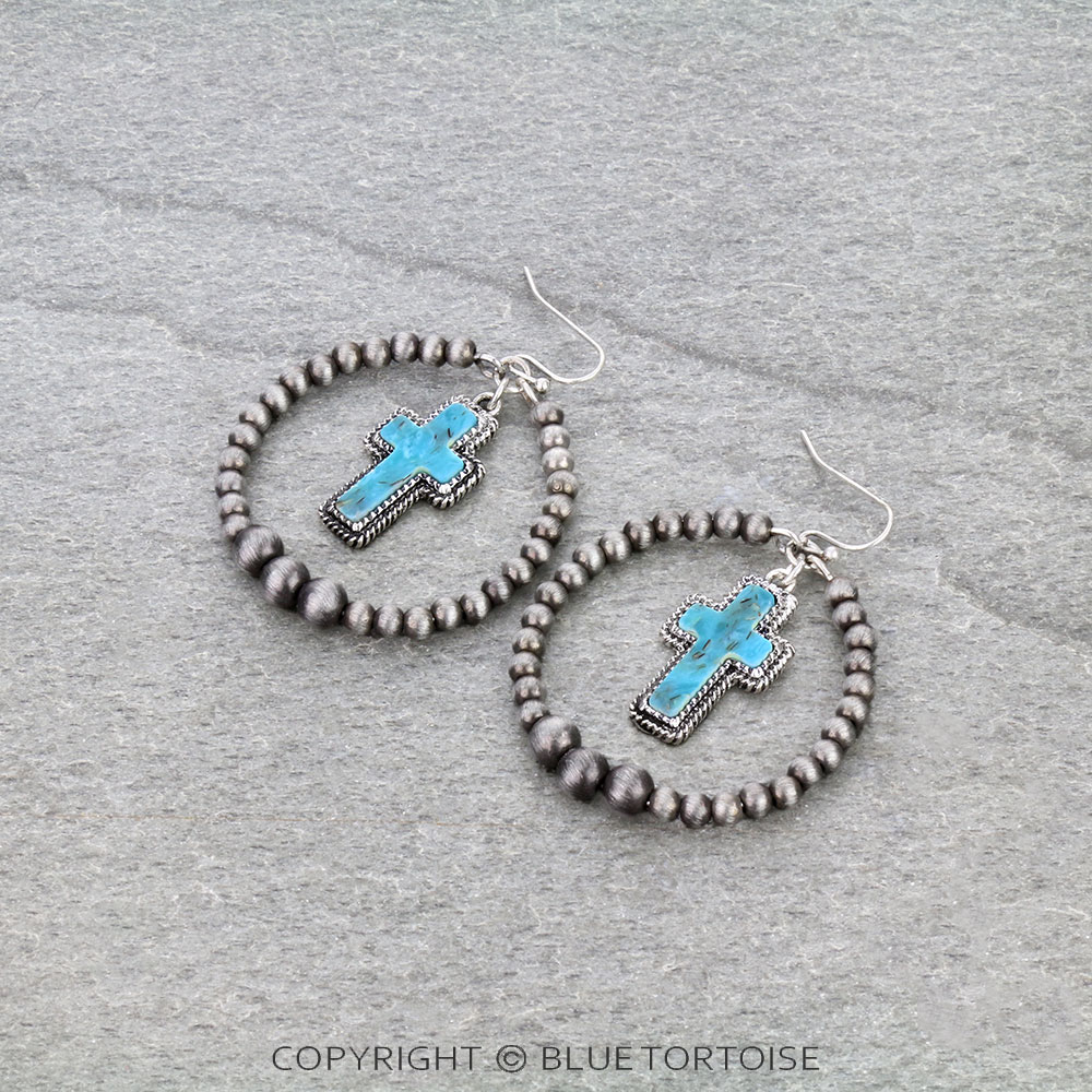 Navajo Style Pearl with Cross Stone Dangle Earrings