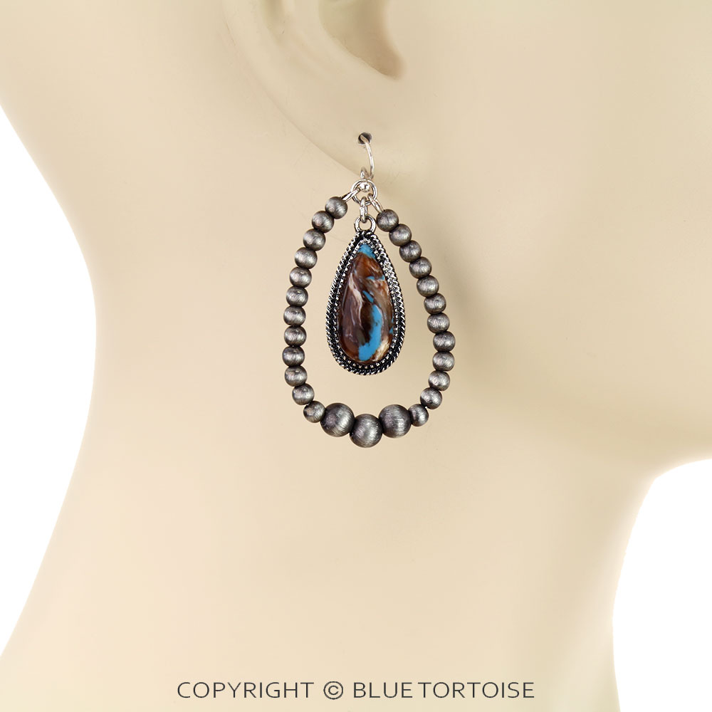 Navajo Style Pearl with Teardrop Stone Dangle Earrings - Image 2