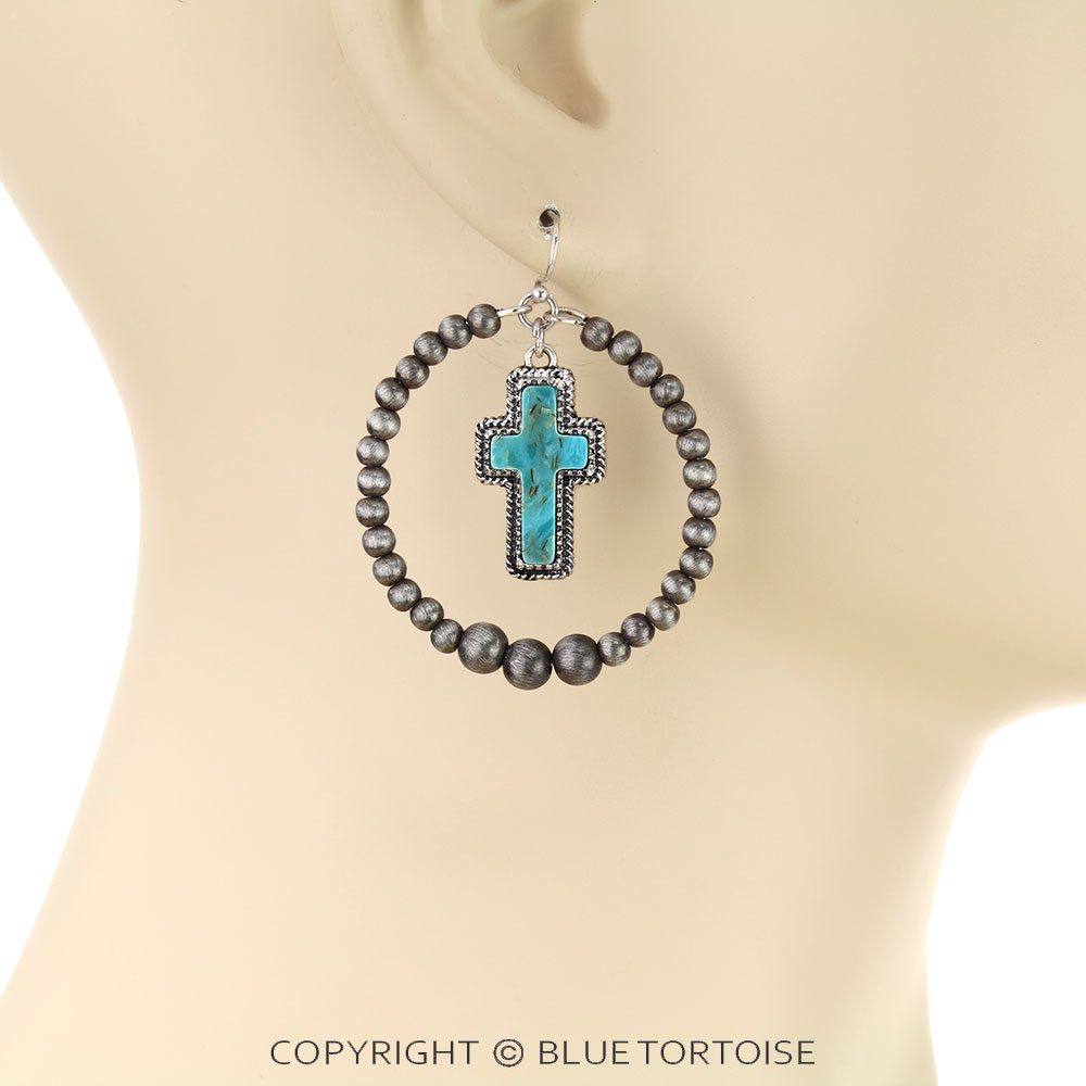 Navajo Style Pearl with Cross Stone Dangle Earrings - Image 2