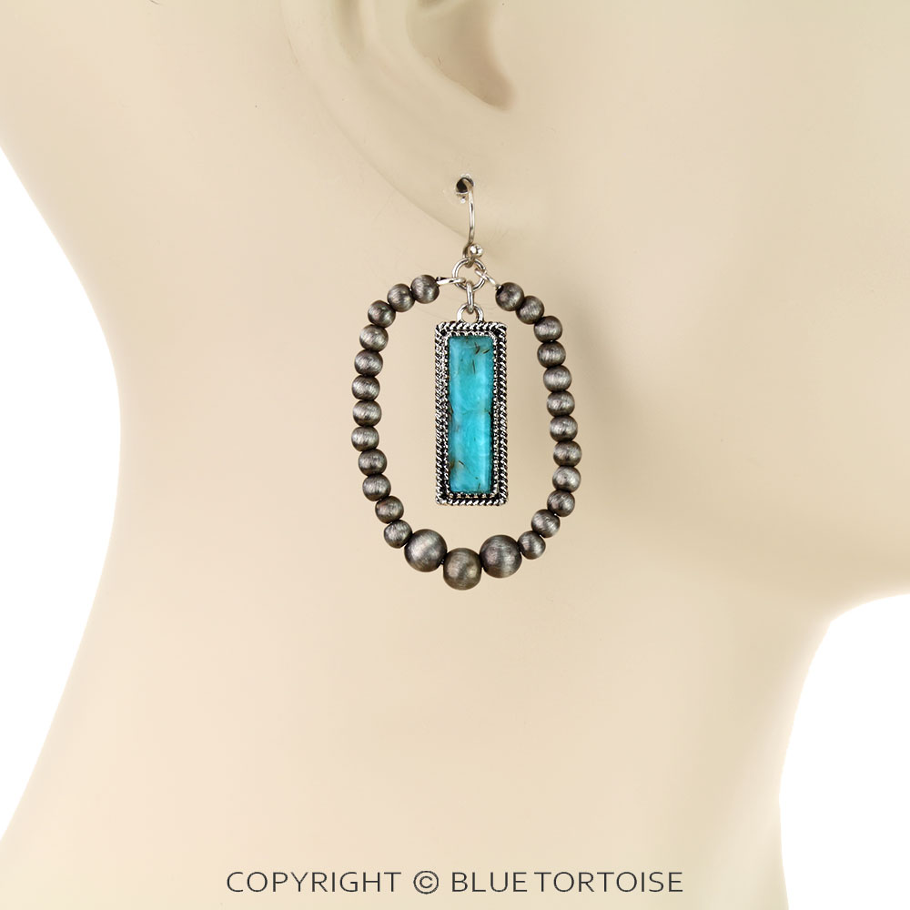 Navajo Style Pearl with Rectangle Stone Dangle Earrings - Image 2