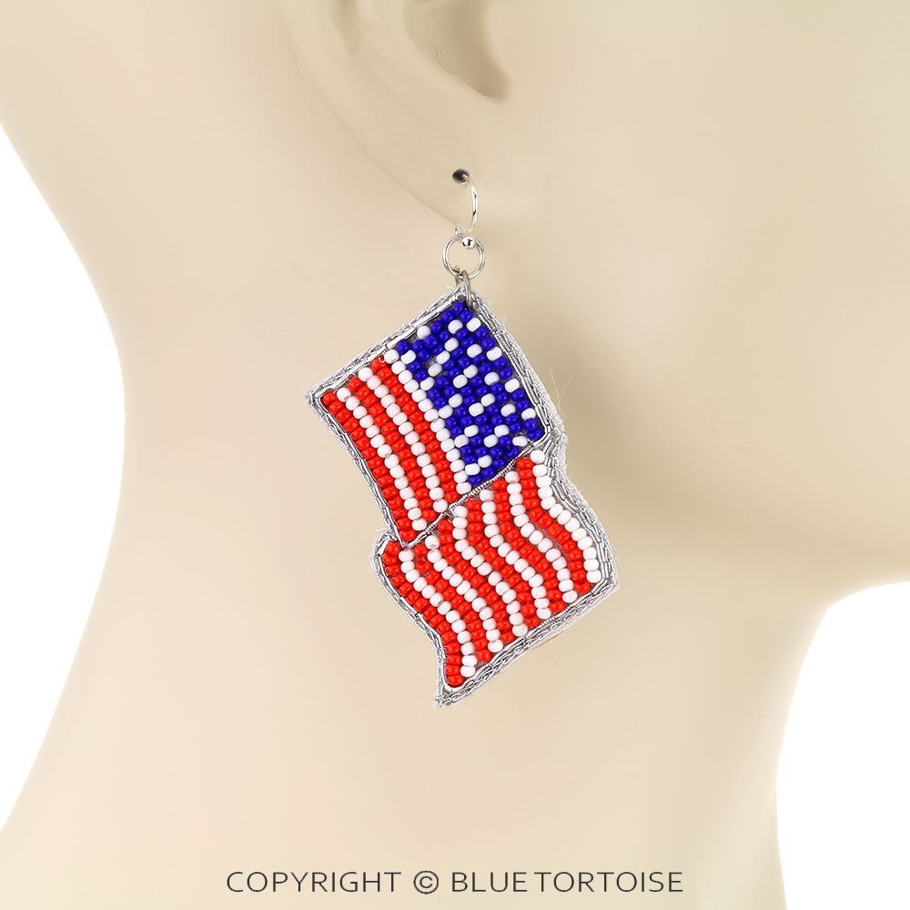Patriotic U.S. Flag Seed Bead Dangle Earrings - Image 2