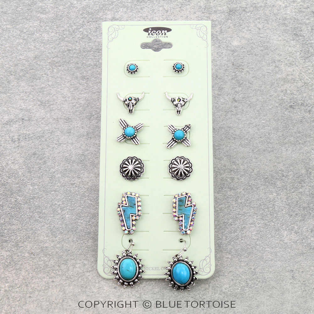 6 Pair Western Design Stud Earring Set