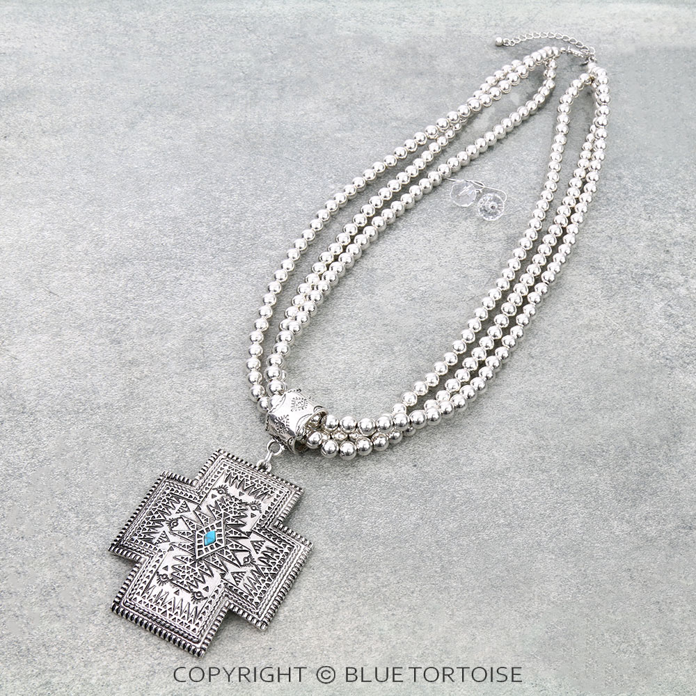 Western Aztec Cross Pendant Necklace Set