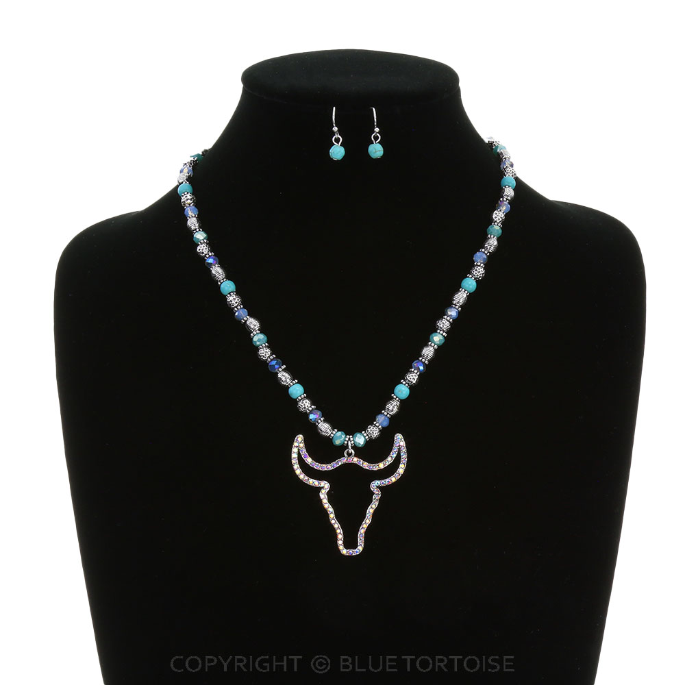 Western Steer Skull Pendant Necklace Set - Image 2