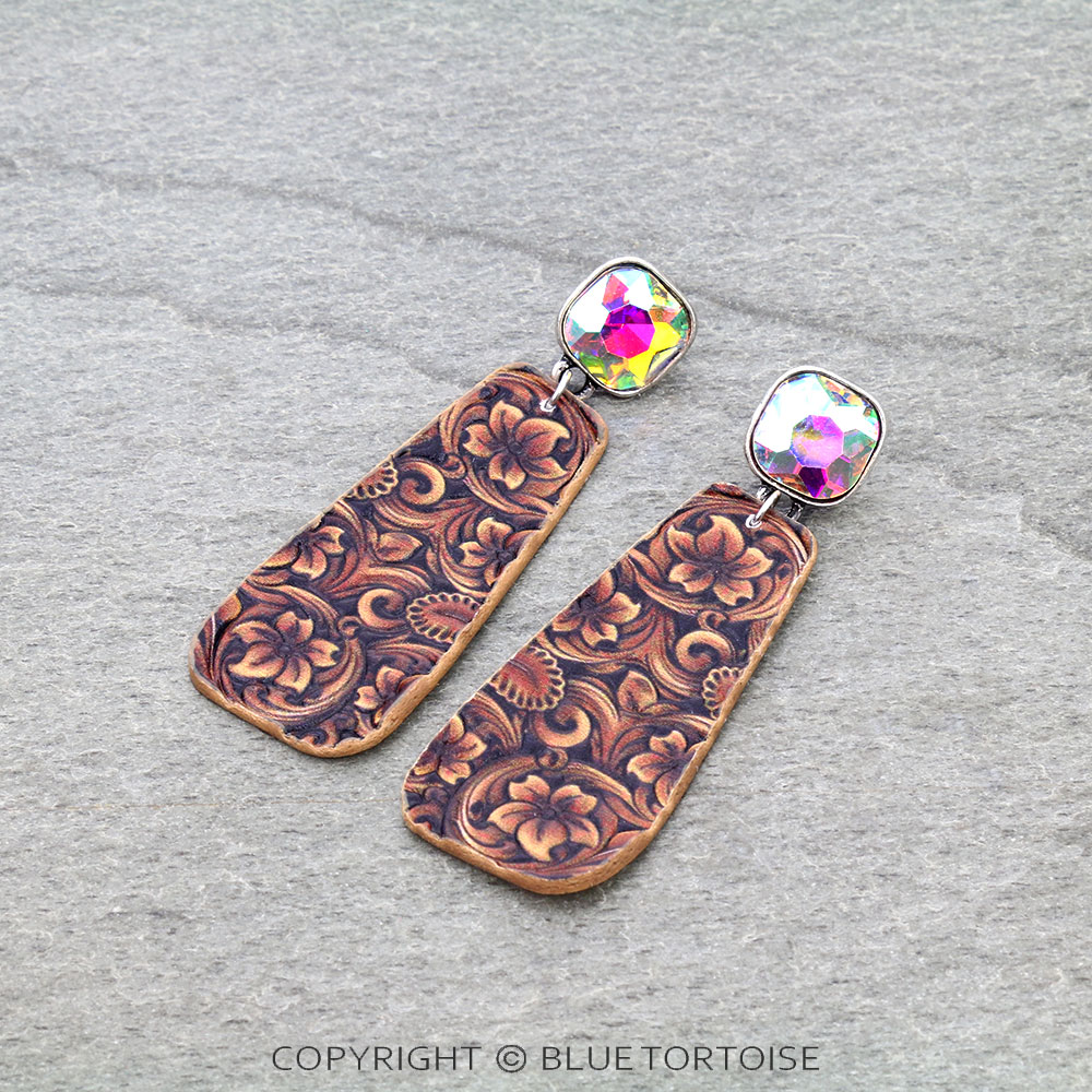 Floral Swirl Leather with Stone Stud Earrings