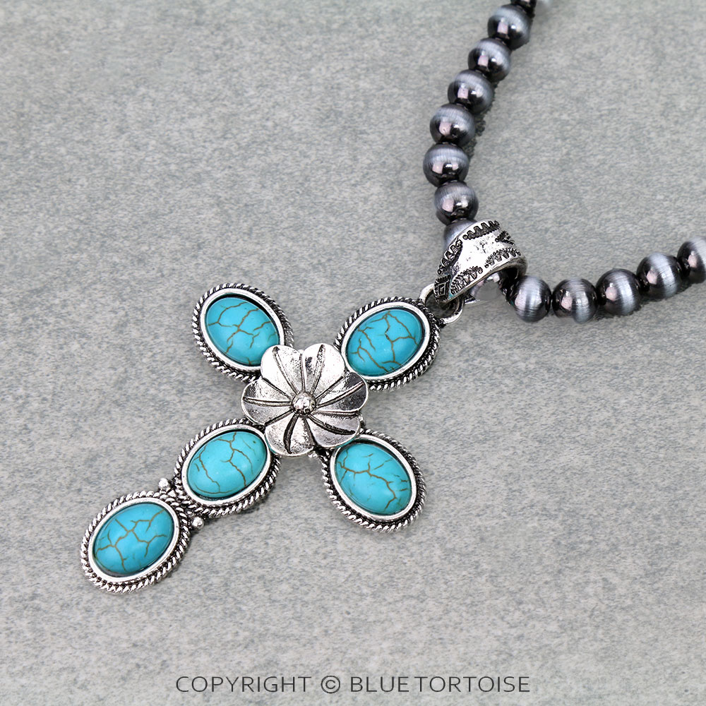 Flower Cross Stone Pendant Necklace Set - Image 3