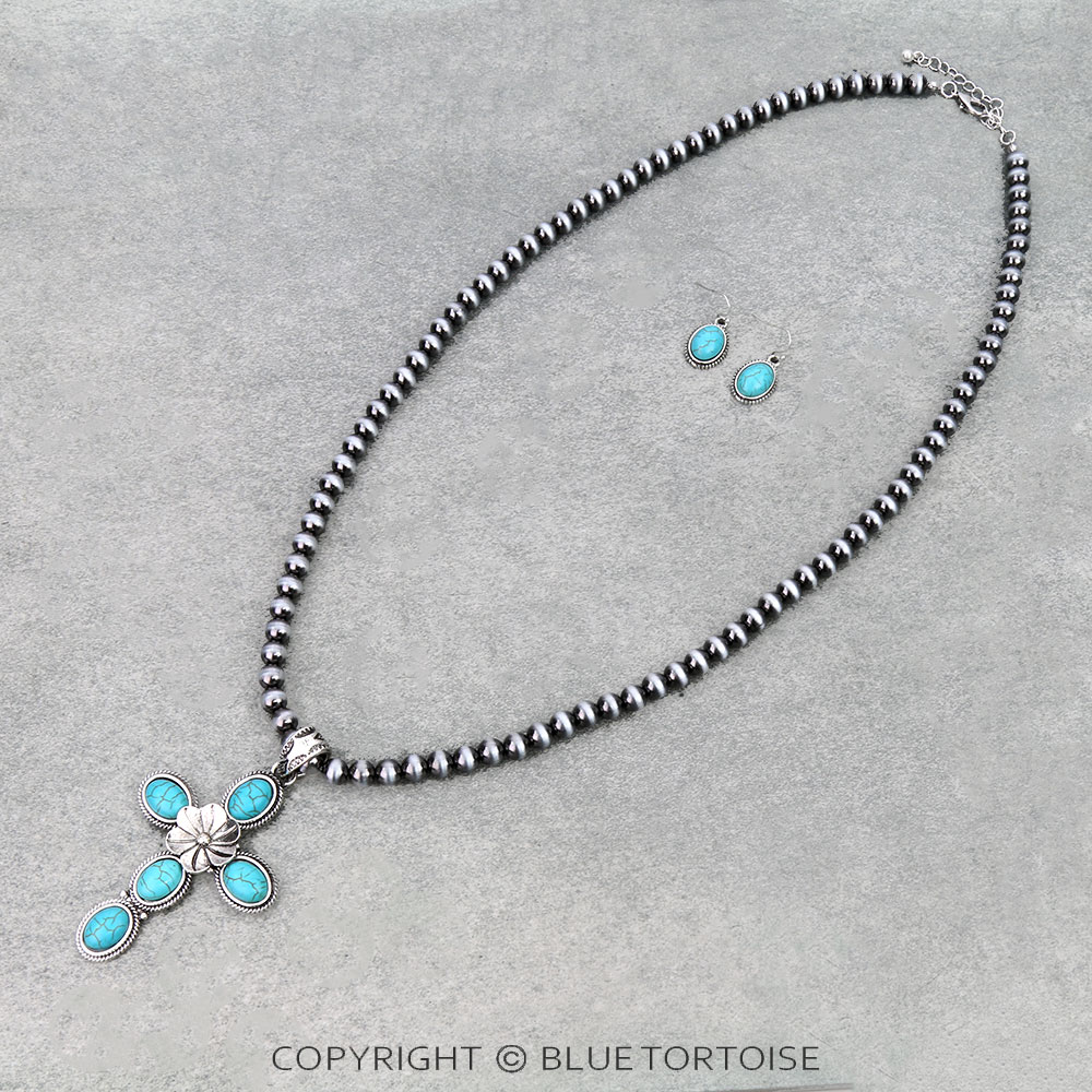 Flower Cross Stone Pendant Necklace Set