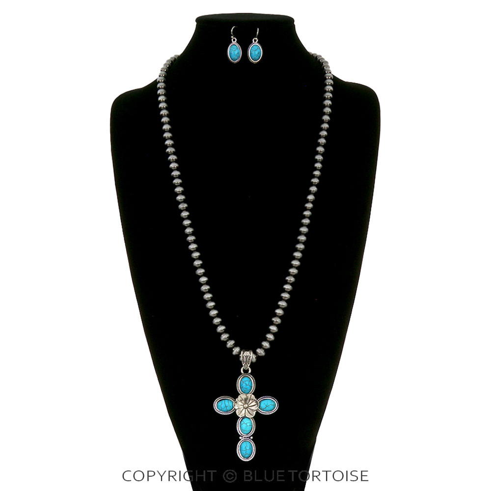 Flower Cross Stone Pendant Necklace Set - Image 2