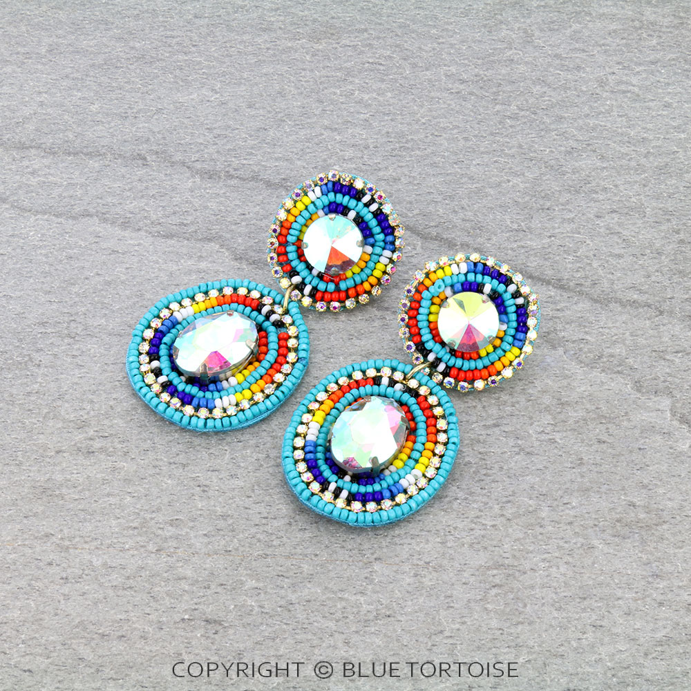 Western Round Seed Bead Stone Stud Earrings