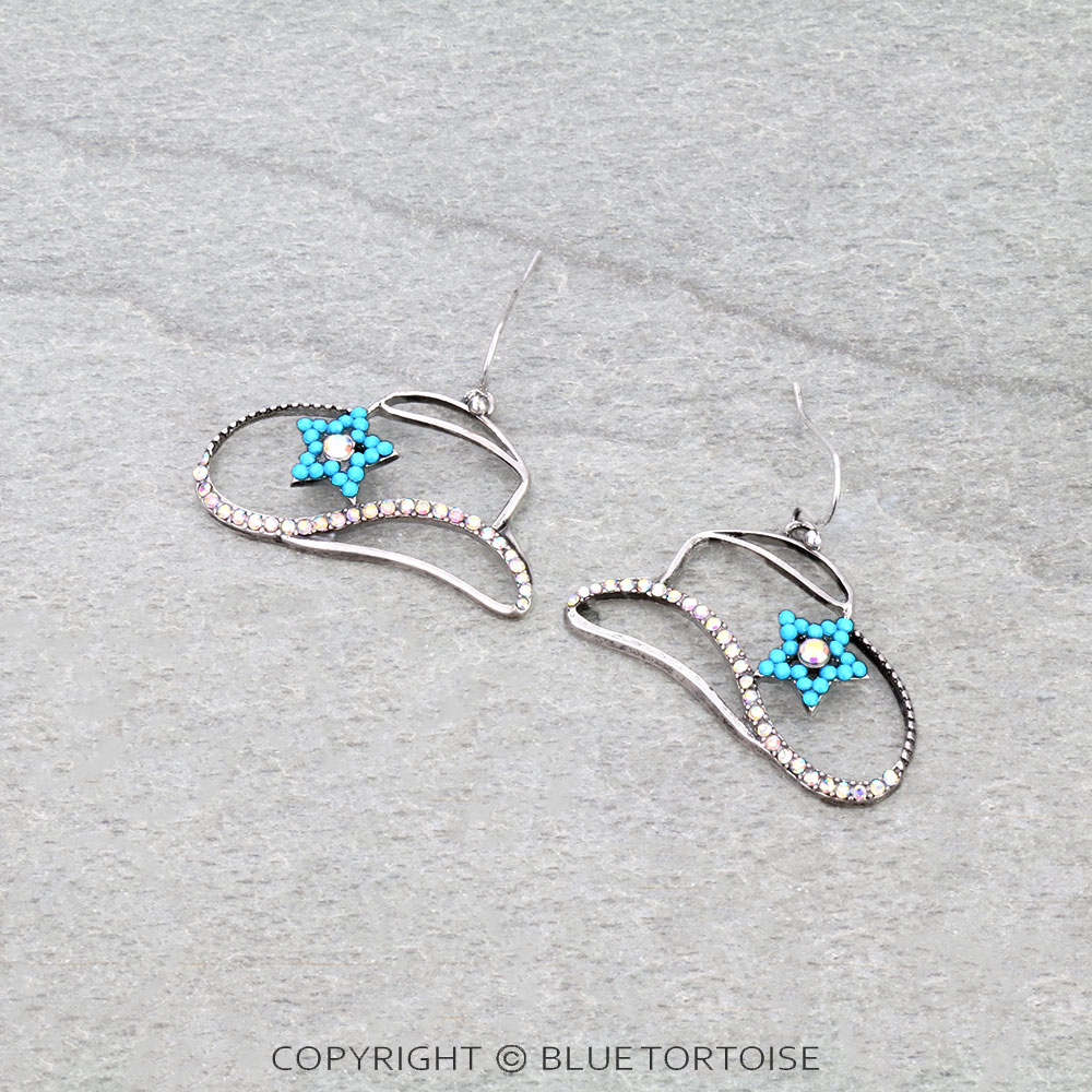 Western Cowboy Hat Stone Dangle Earrings