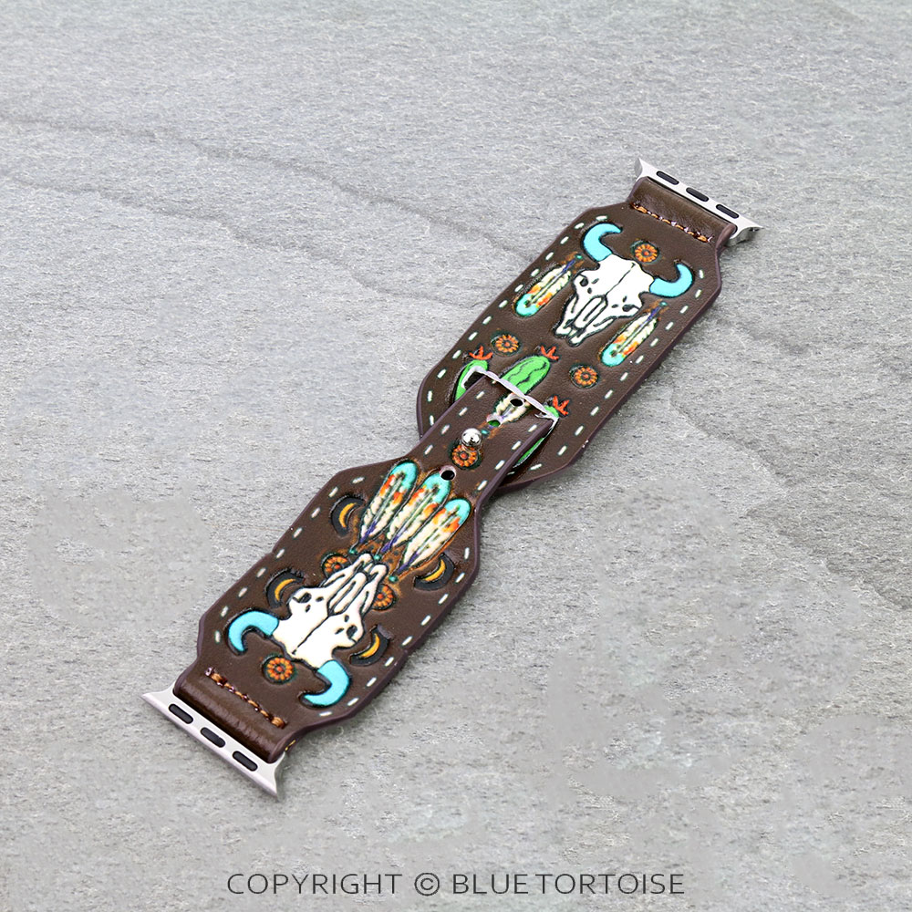 Western Steer Skull Tooled Leather Apple Watch Band
