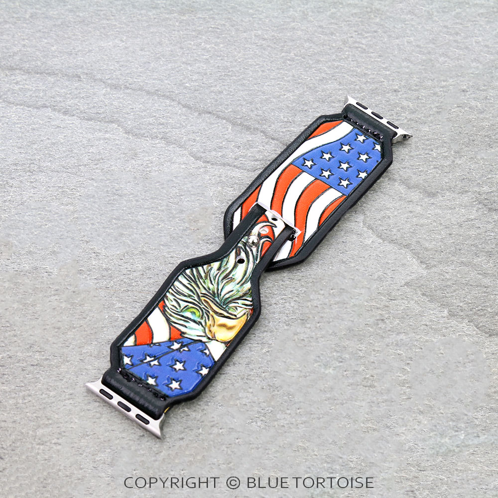 Western USA Flag Tooled Leather Apple Watch Band
