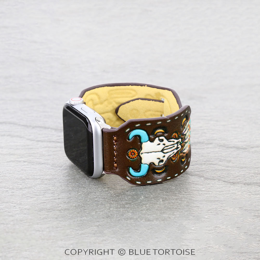 Western Steer Skull Tooled Leather Apple Watch Band - Image 2
