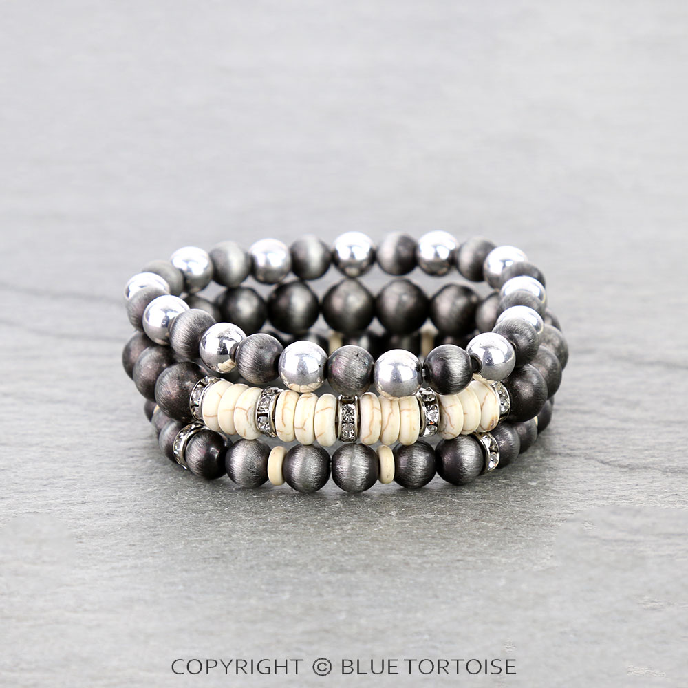 Navajo Style Pearl with Semi Stone Stackable Bracelet