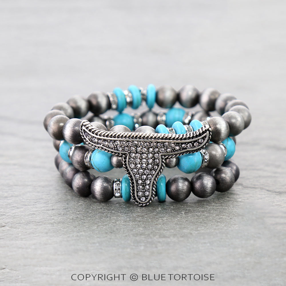 Navajo Style Pearl w/ Steer Skull Stackable Bracelets