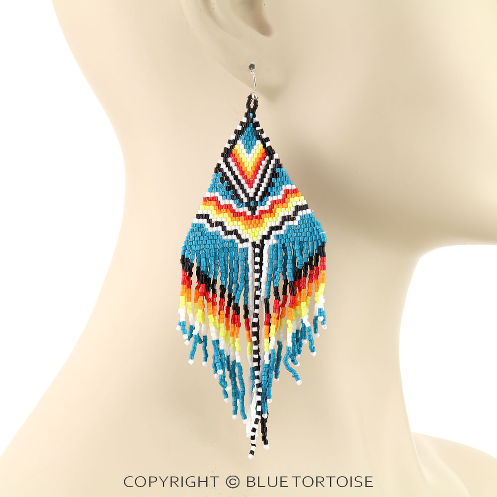 4.75" Western Seed Bead Fringe Dangle Earrings - Image 2