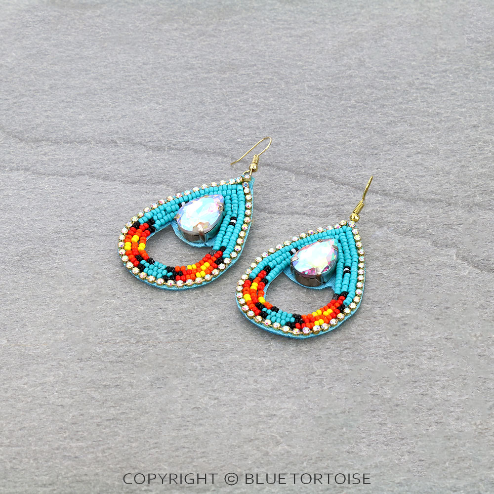 Western Teardrop Seed Bead Stone Dangle Earrings
