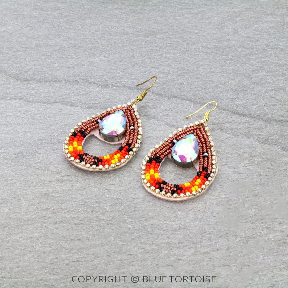 Western Teardrop Seed Bead Stone Dangle Earrings