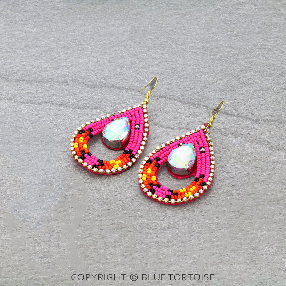 Western Teardrop Seed Bead Stone Dangle Earrings
