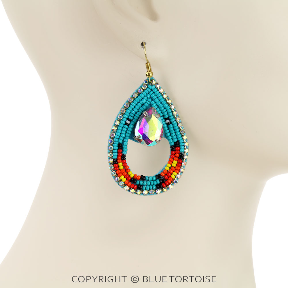 Western Teardrop Seed Bead Stone Dangle Earrings - Image 2