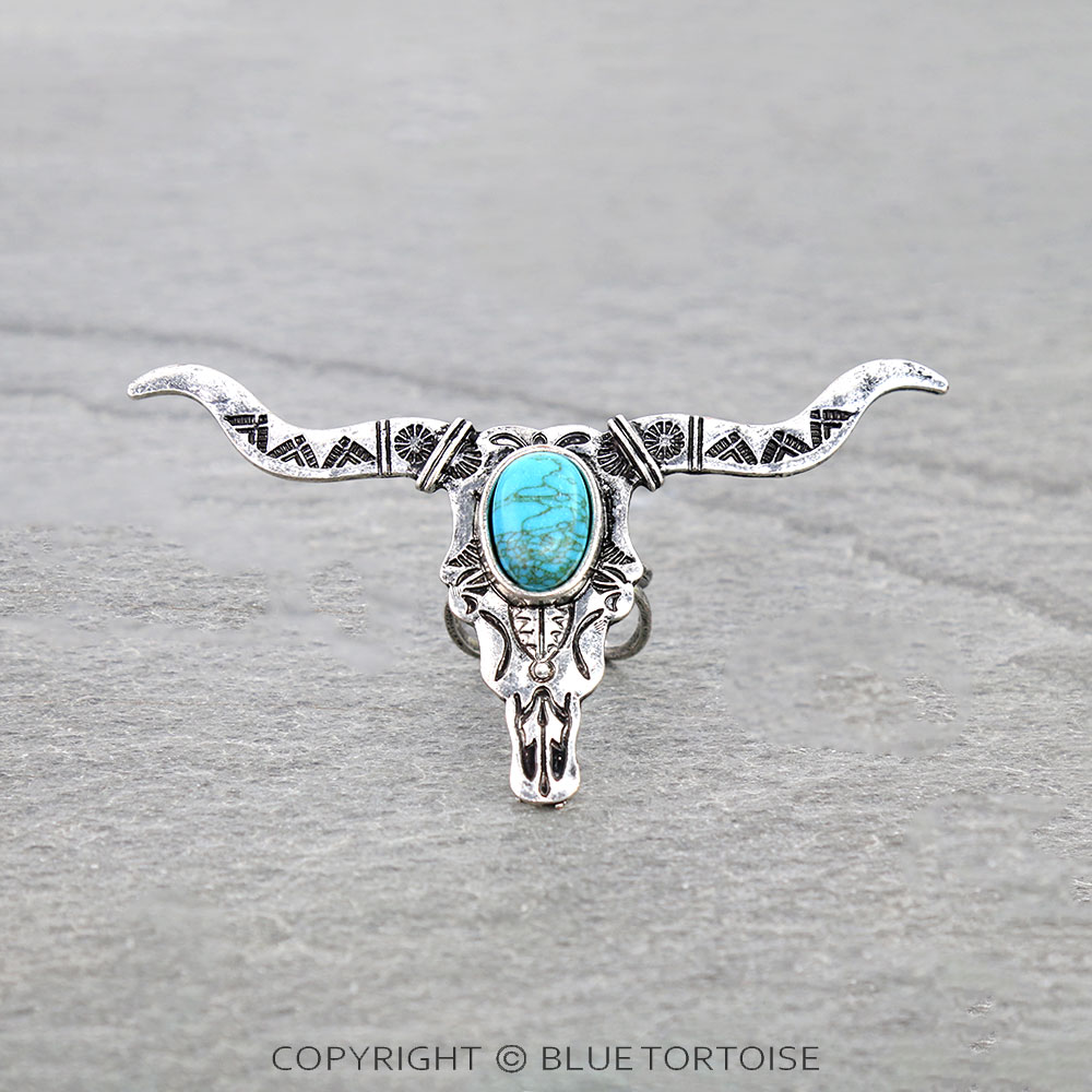 Western Steer Skull Stone Cuff Ring