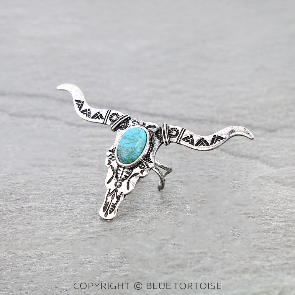 Western Steer Skull Stone Cuff Ring - Image 2