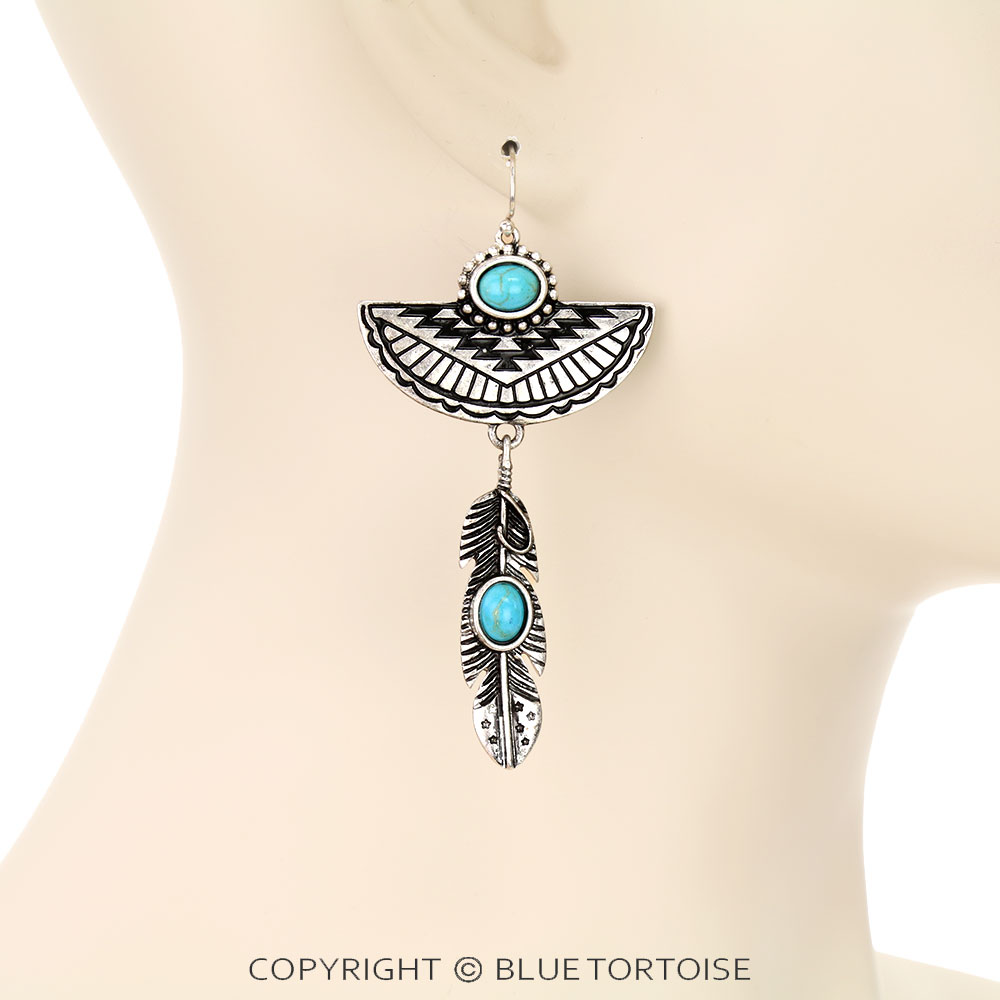 Western Aztec Style Feather Dangle Earrings - Image 2