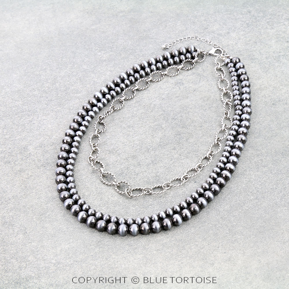 3Row Navajo Style Pearl & Chain Necklace