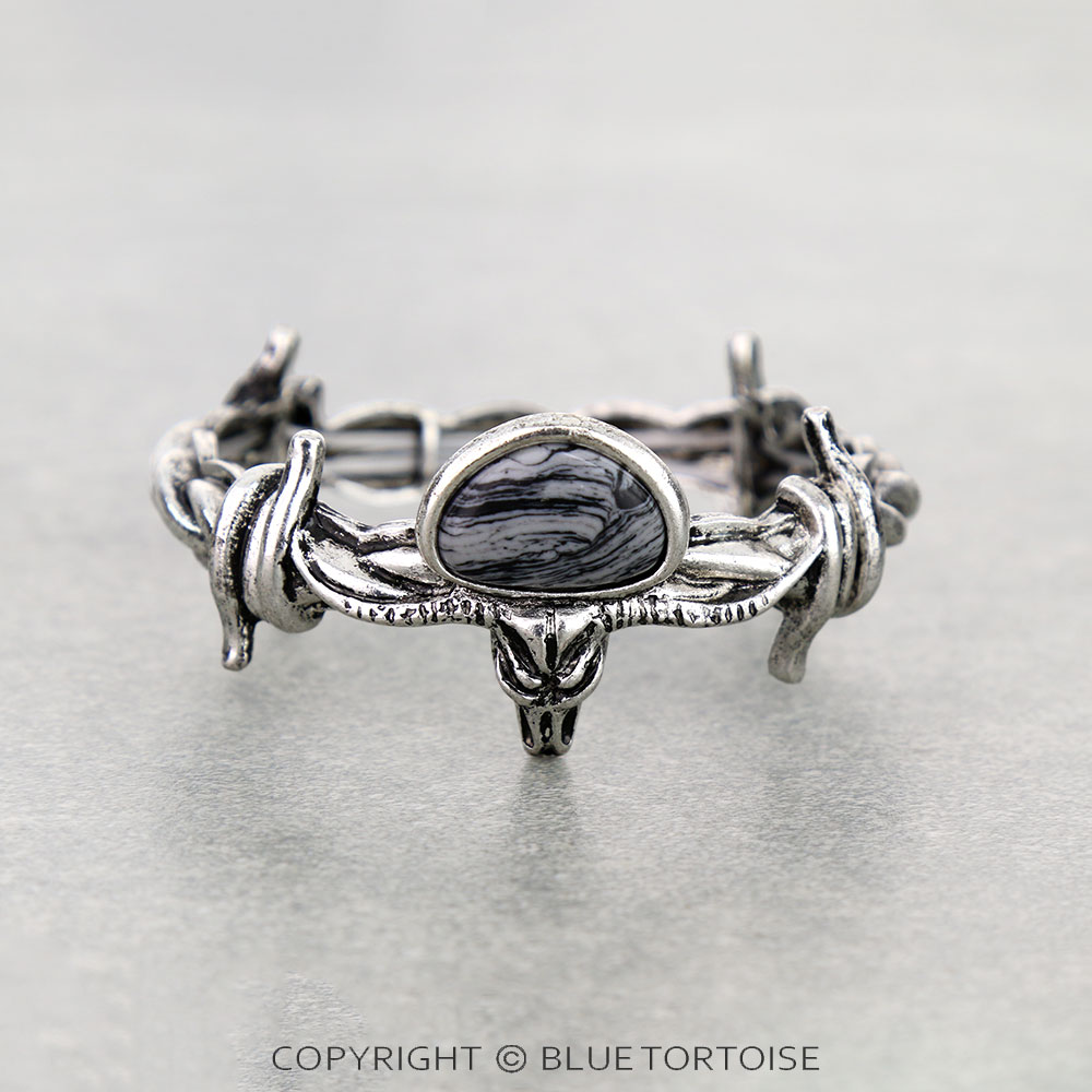 Western Steer Skull Stone Barbed Wire Stretch Bracelet