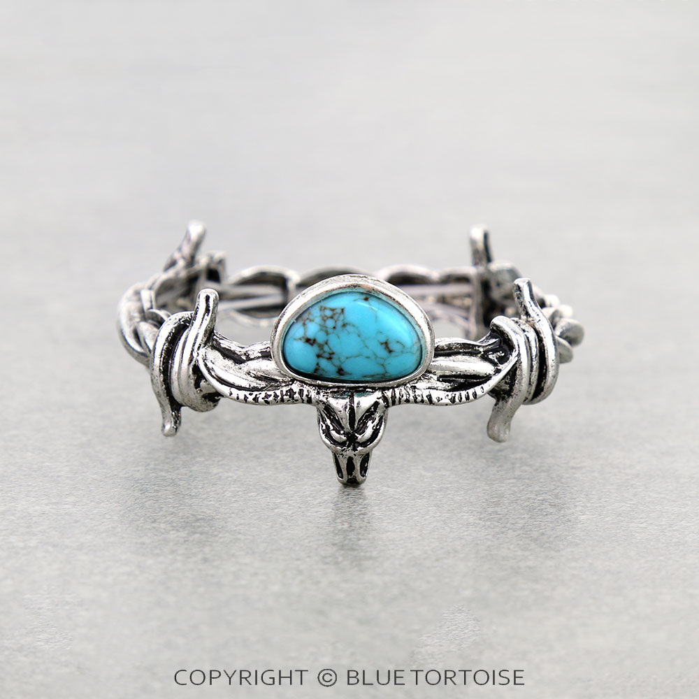 Western Steer Skull Stone Barbed Wire Stretch Bracelet