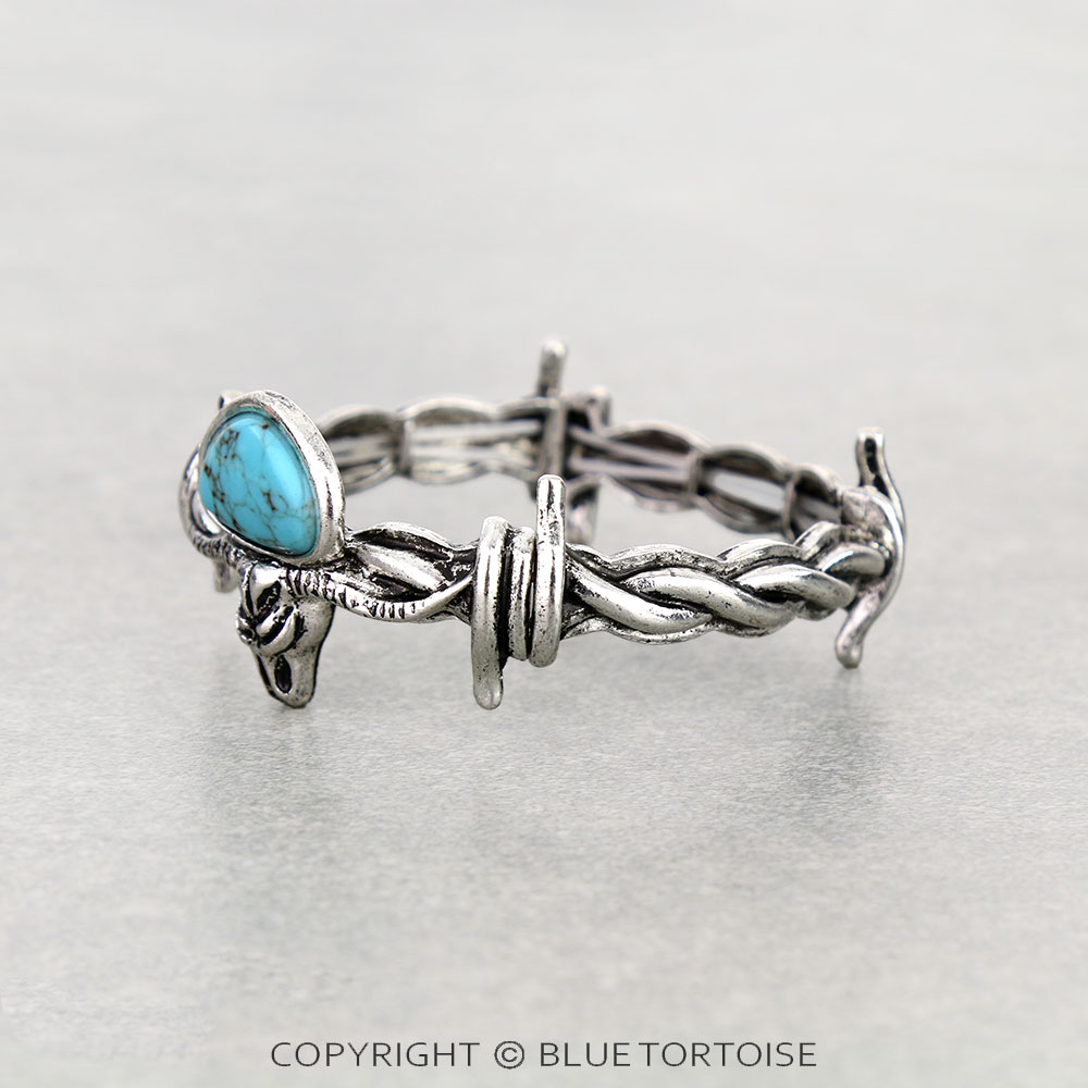 Western Steer Skull Stone Barbed Wire Stretch Bracelet - Image 2