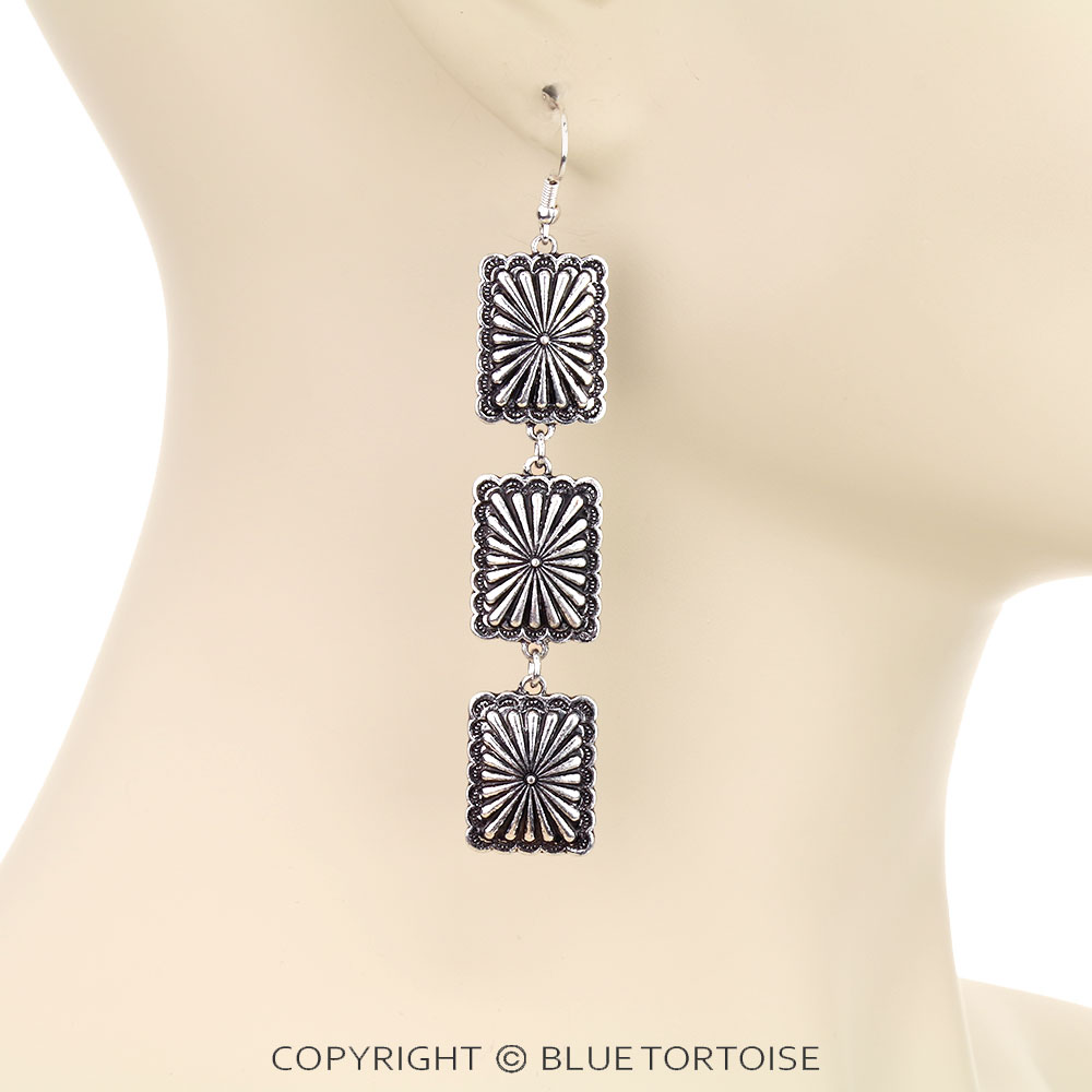 Western Rectangle Concho Drop Dangle Earrings - Image 2