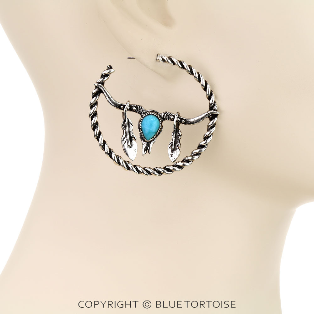 Western Steer Skull Hoop Earrings - Image 2