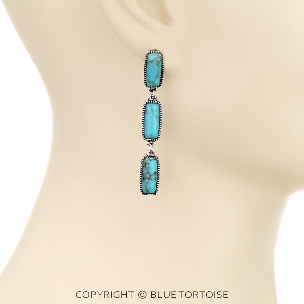 Western Rectangle Stone Drop Stud Earrings - Image 2