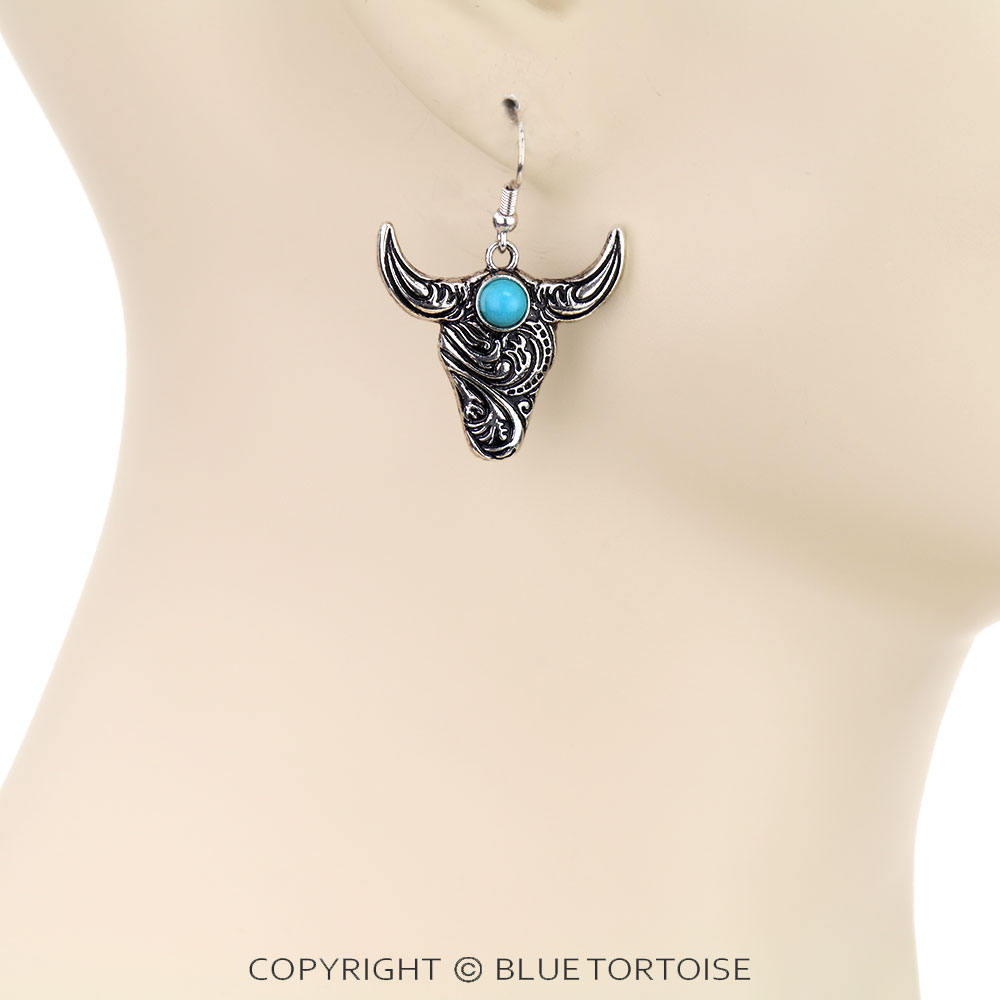 Western Filigree Steer Head Stone Dangle Earrings - Image 2