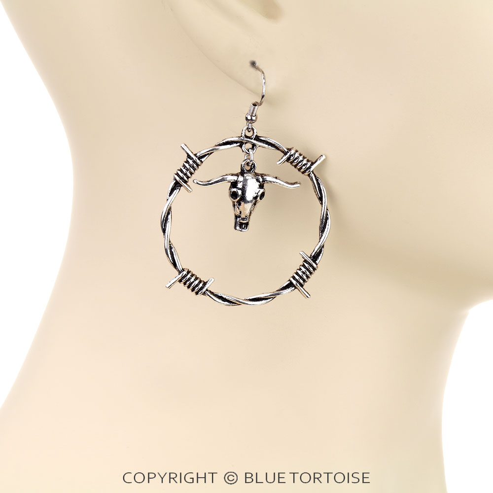 Western Steer Skull Barbed Dangle Earrings - Image 2