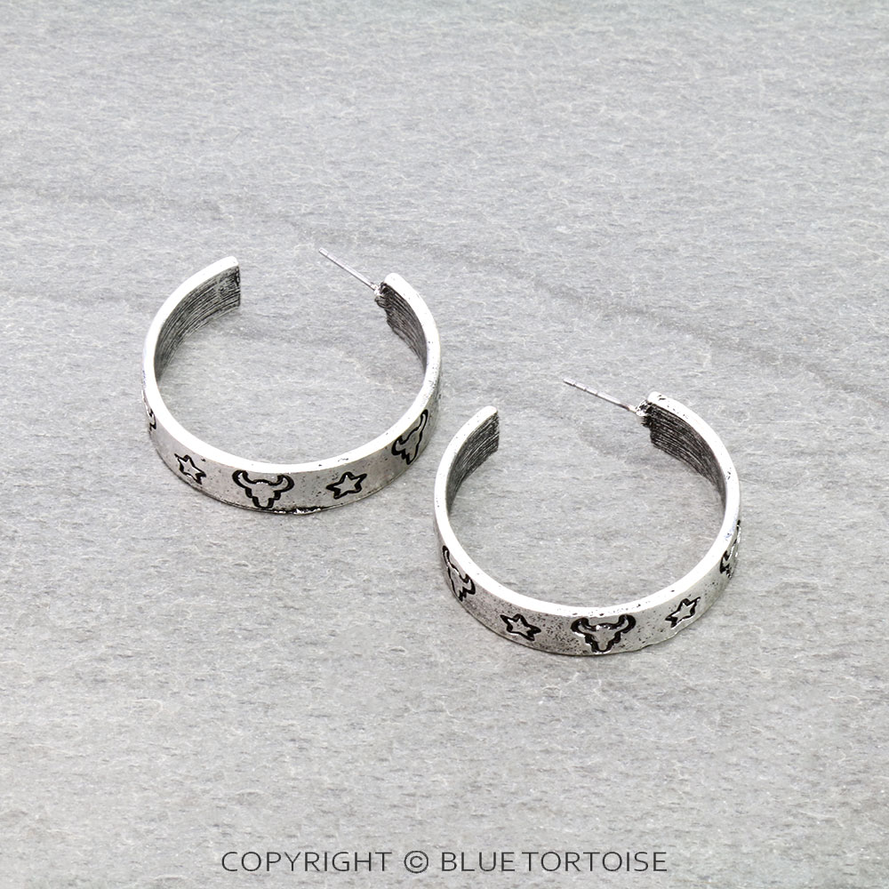 Western Steer Head Engraved Hoop Earrings