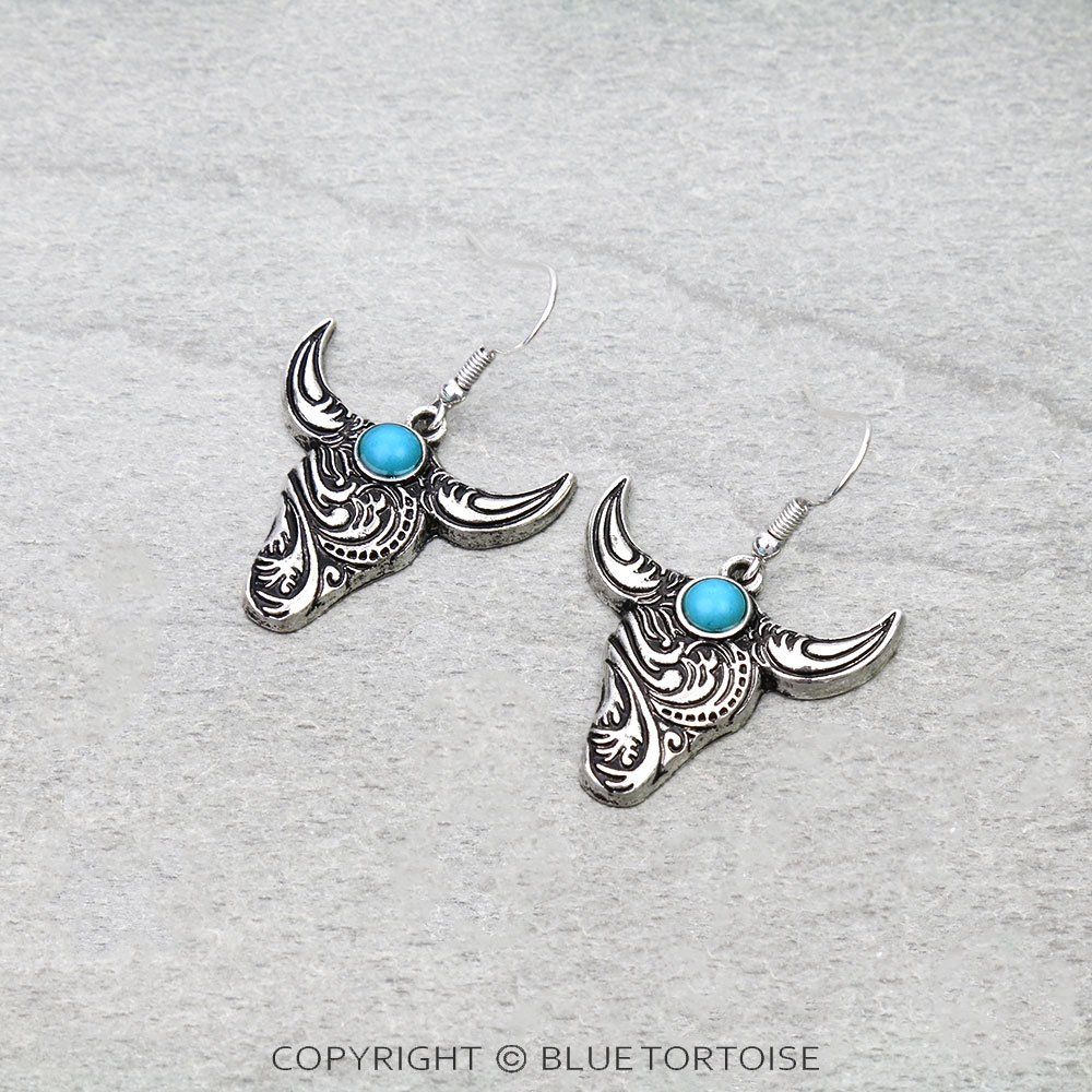 Western Filigree Steer Head Stone Dangle Earrings