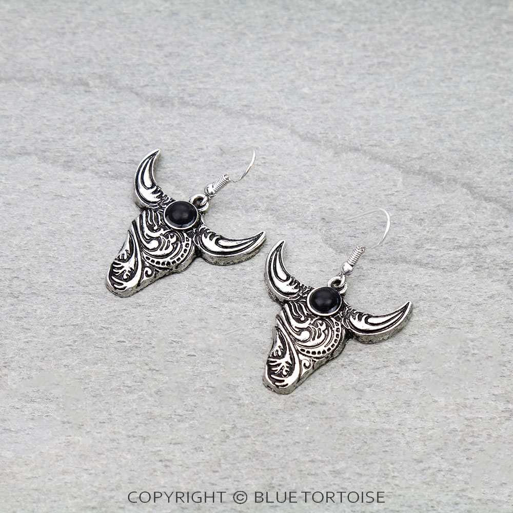 Western Filigree Steer Head Stone Dangle Earrings