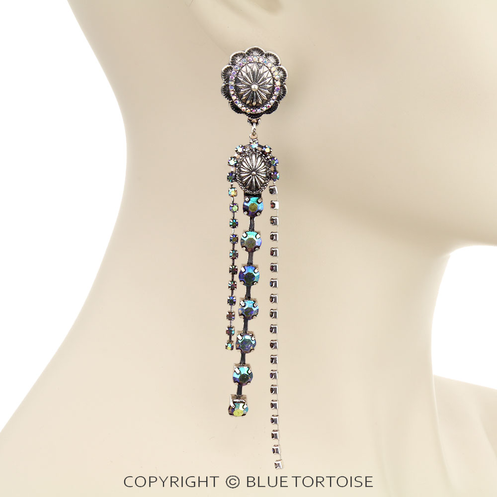 Western Round Concho with Stone Tassel Stud Earrings - Image 2