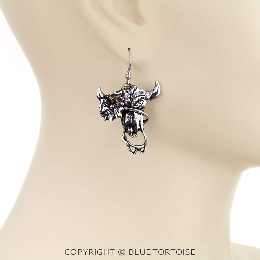 Western Flower Steer Skull Dangle Earrings - Image 2