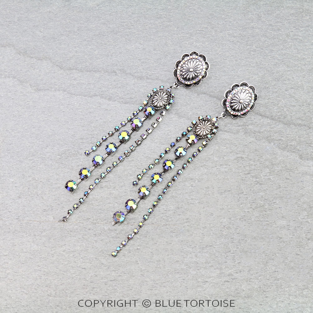Western Round Concho with Stone Tassel Stud Earrings
