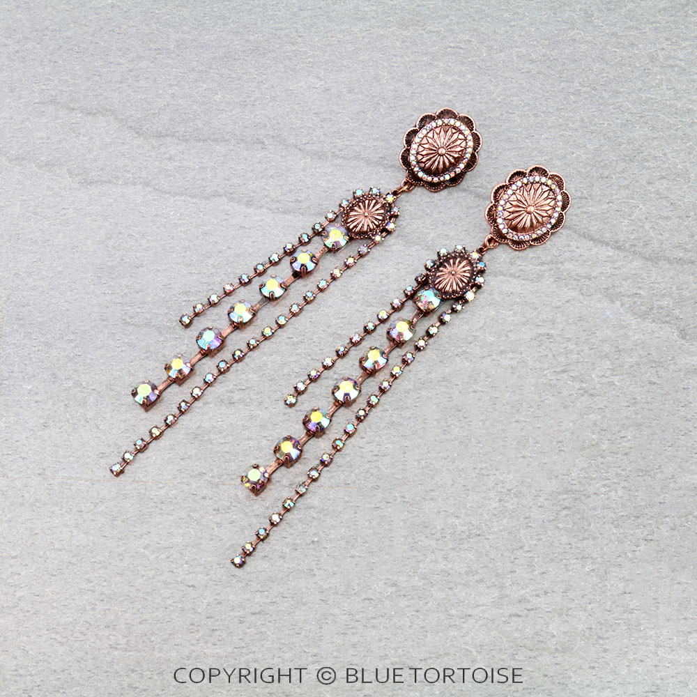 Western Round Concho with Stone Tassel Stud Earrings