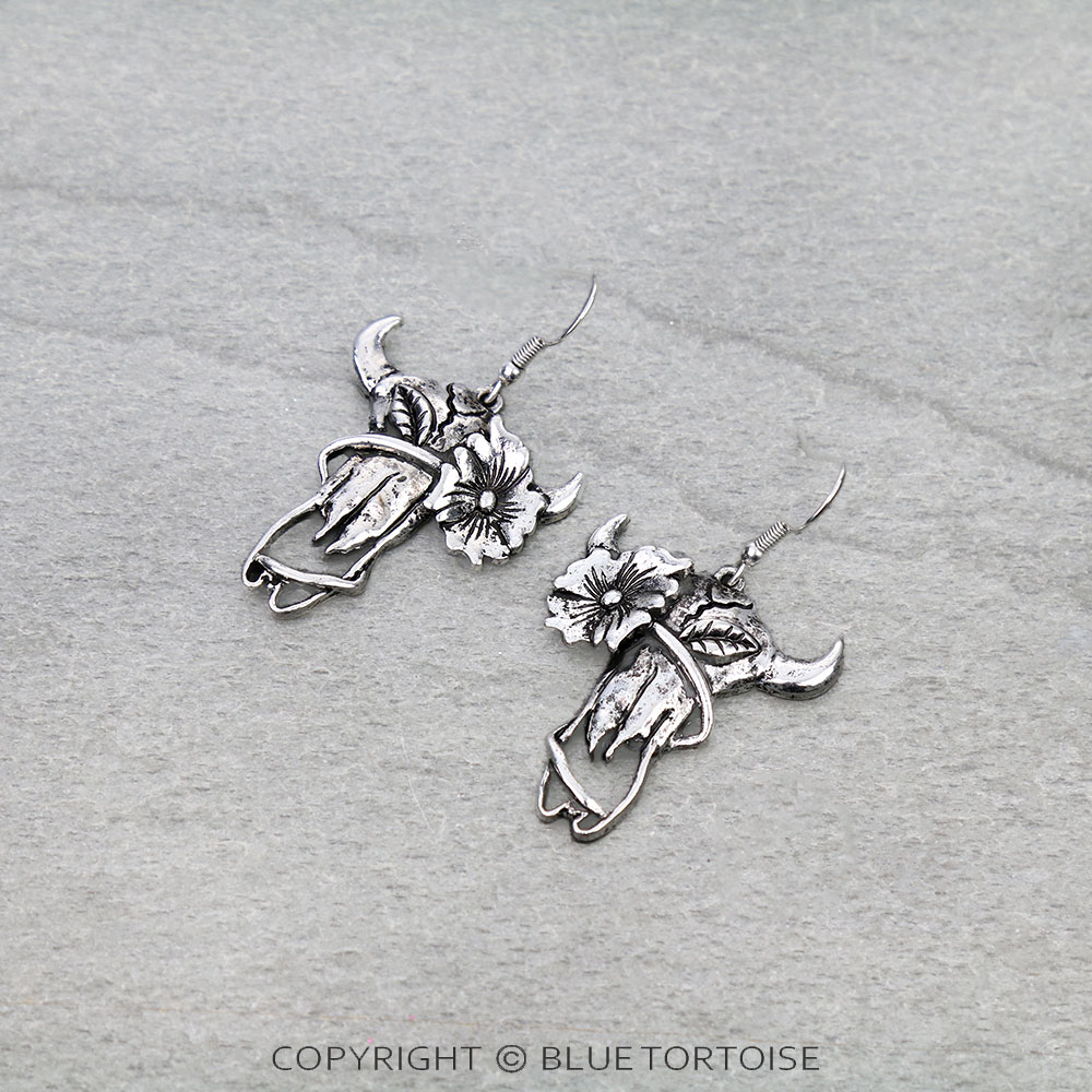 Western Flower Steer Skull Dangle Earrings