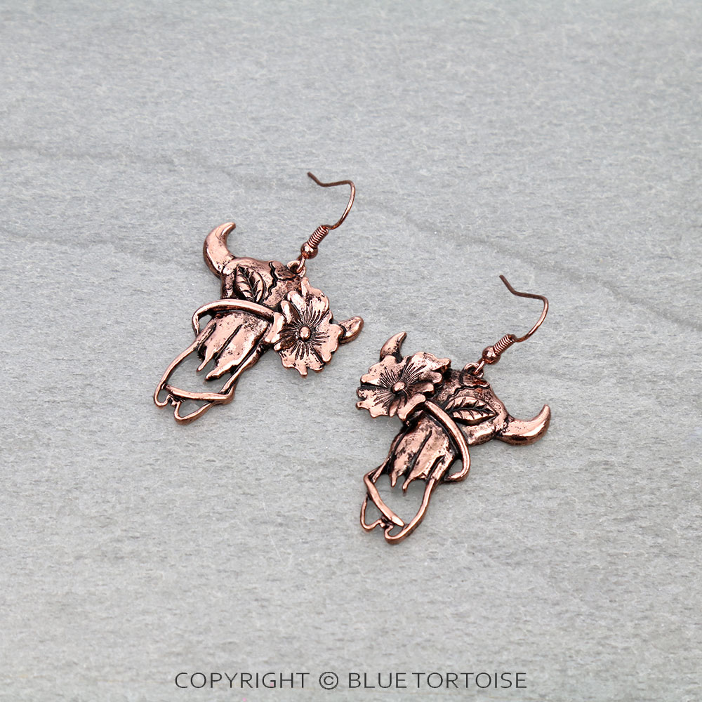 Western Flower Steer Skull Dangle Earrings