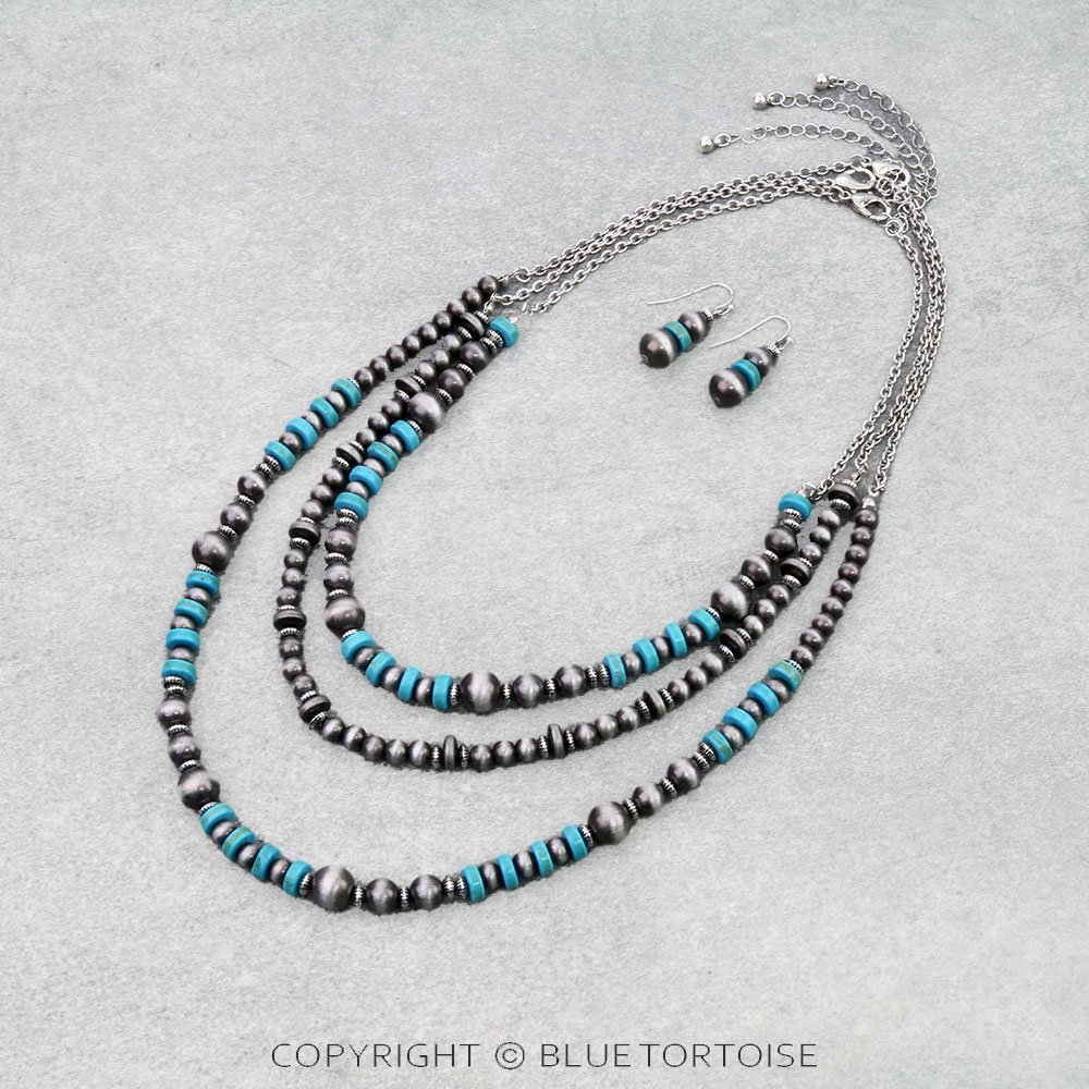 3 Layered Navajo Style Pearl and Bead Necklace Set