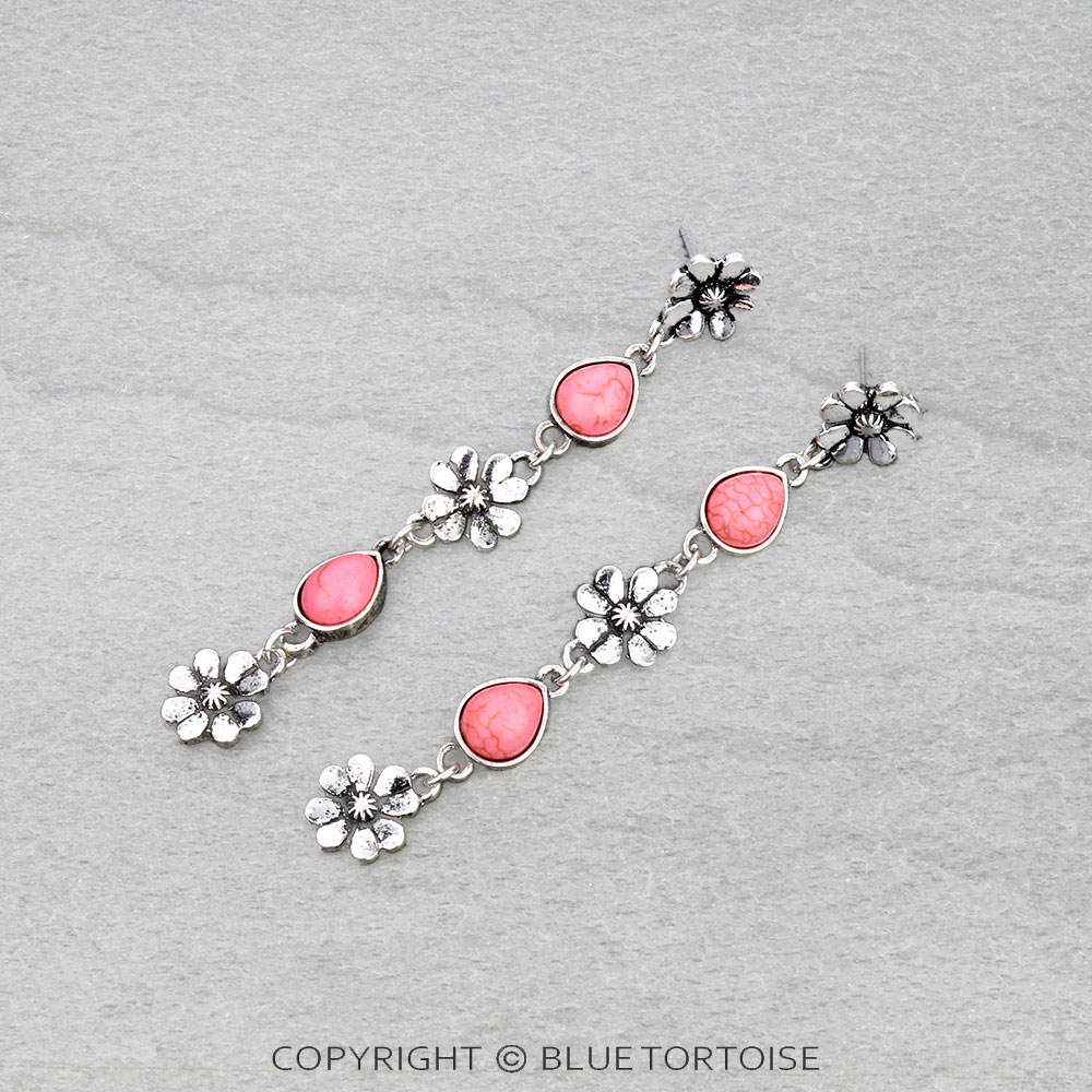 Western Flower Stone Drop Stud Earrings